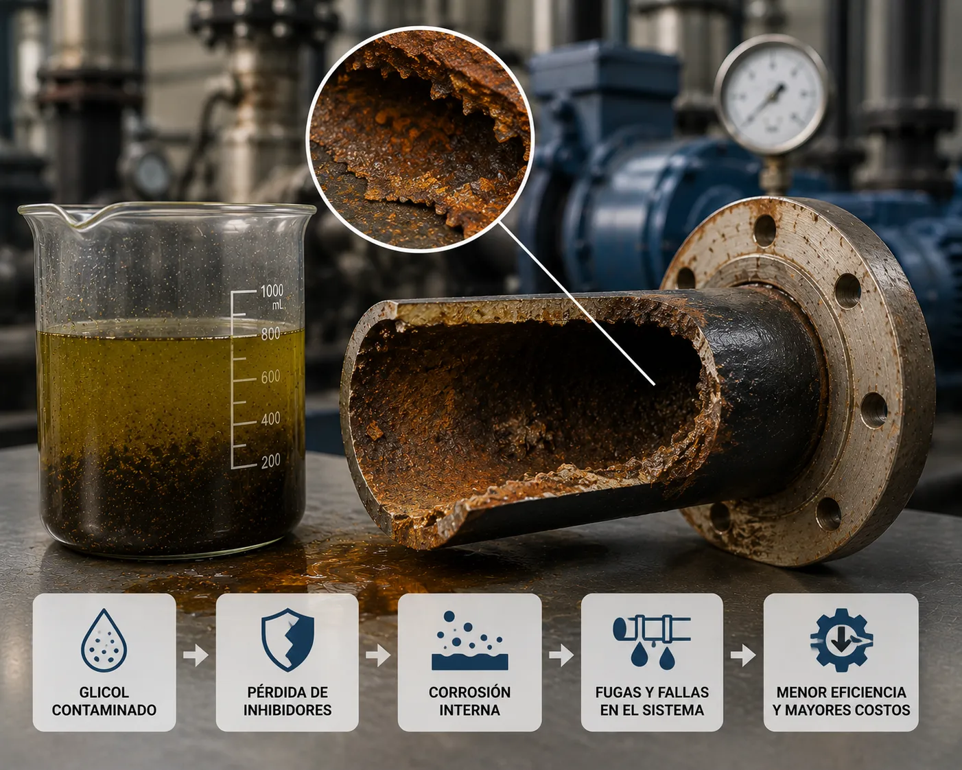 Corrosión por glicol contaminado que provoca deterioro interno, fugas y pérdida de eficiencia en el sistema.