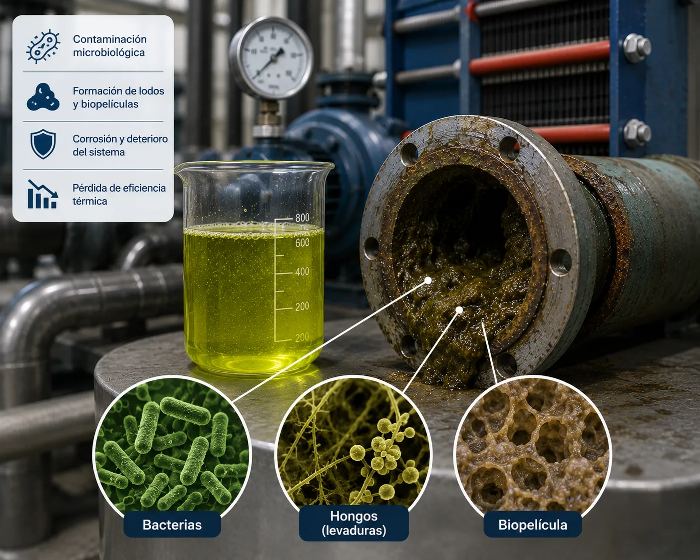 Bacterias en sistemas con glicol que provocan contaminación, formación de lodos y deterioro del fluido térmico.