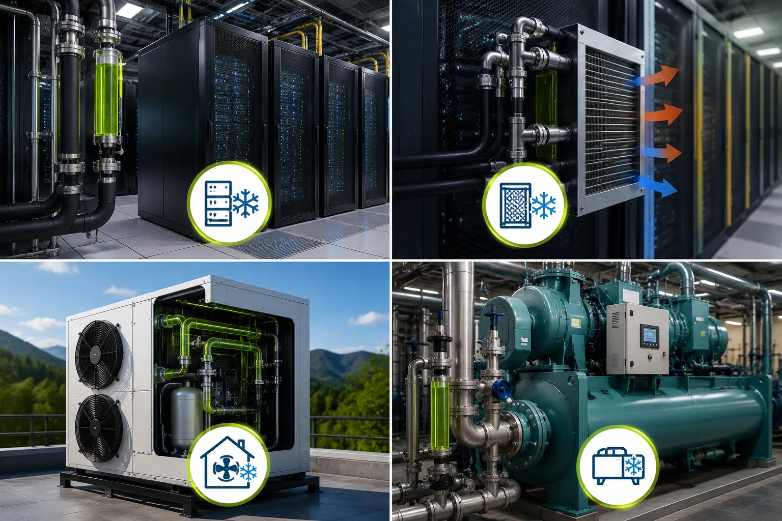 Glicol para enfriamiento de racks en centros de datos y sistemas de refrigeración líquida.