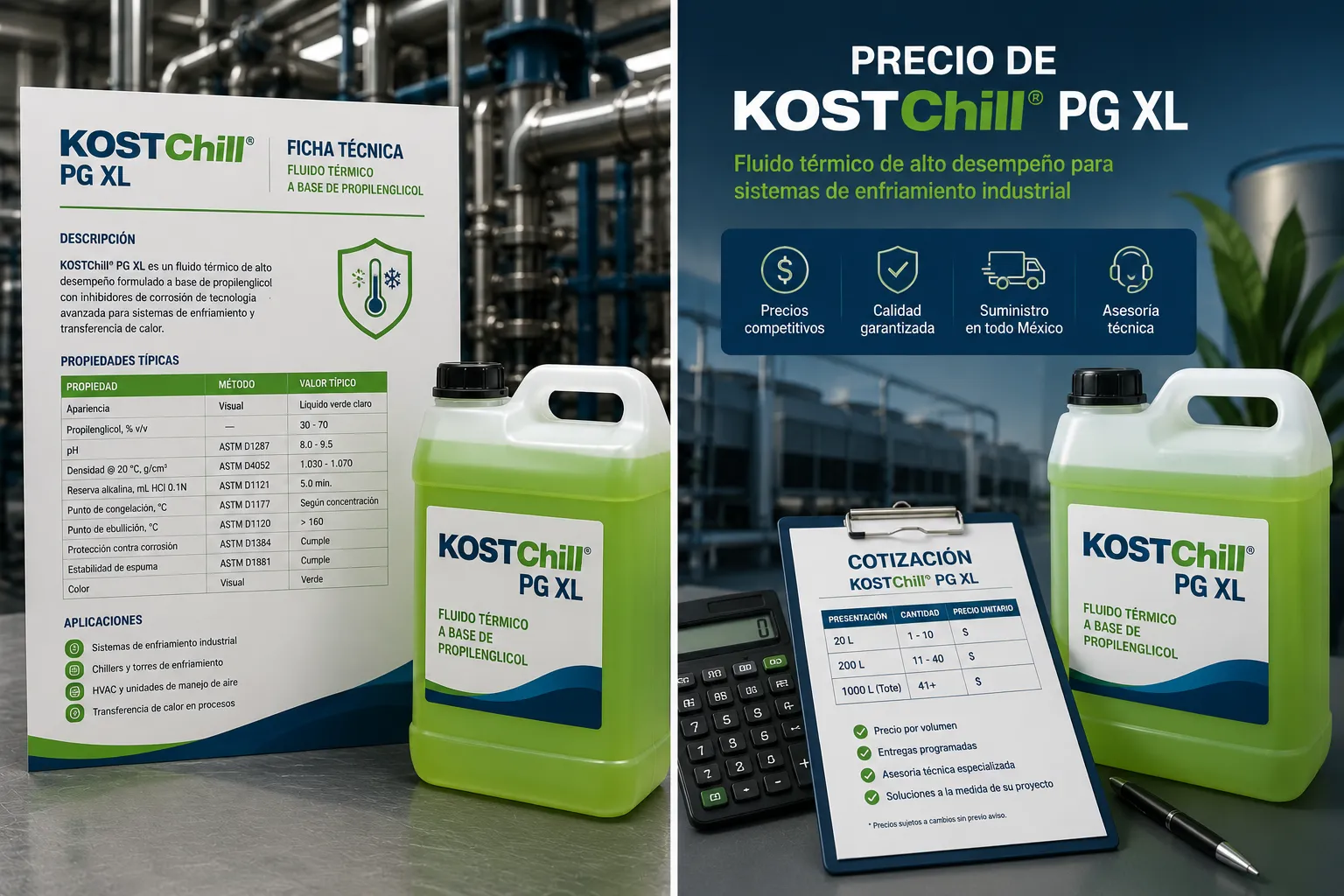 Ficha técnica de KOSTChill PG XL con propiedades y especificaciones para sistemas de enfriamiento industrial.