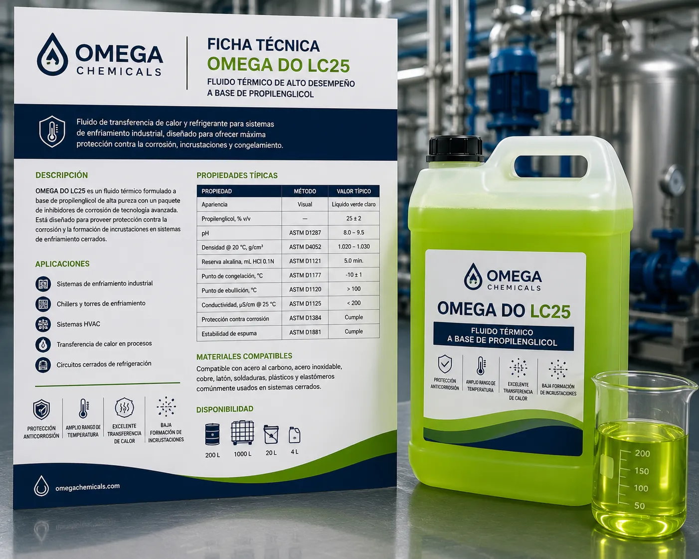 Ficha técnica de OMEGA DO LC25 con propiedades y especificaciones para sistemas de enfriamiento industrial.