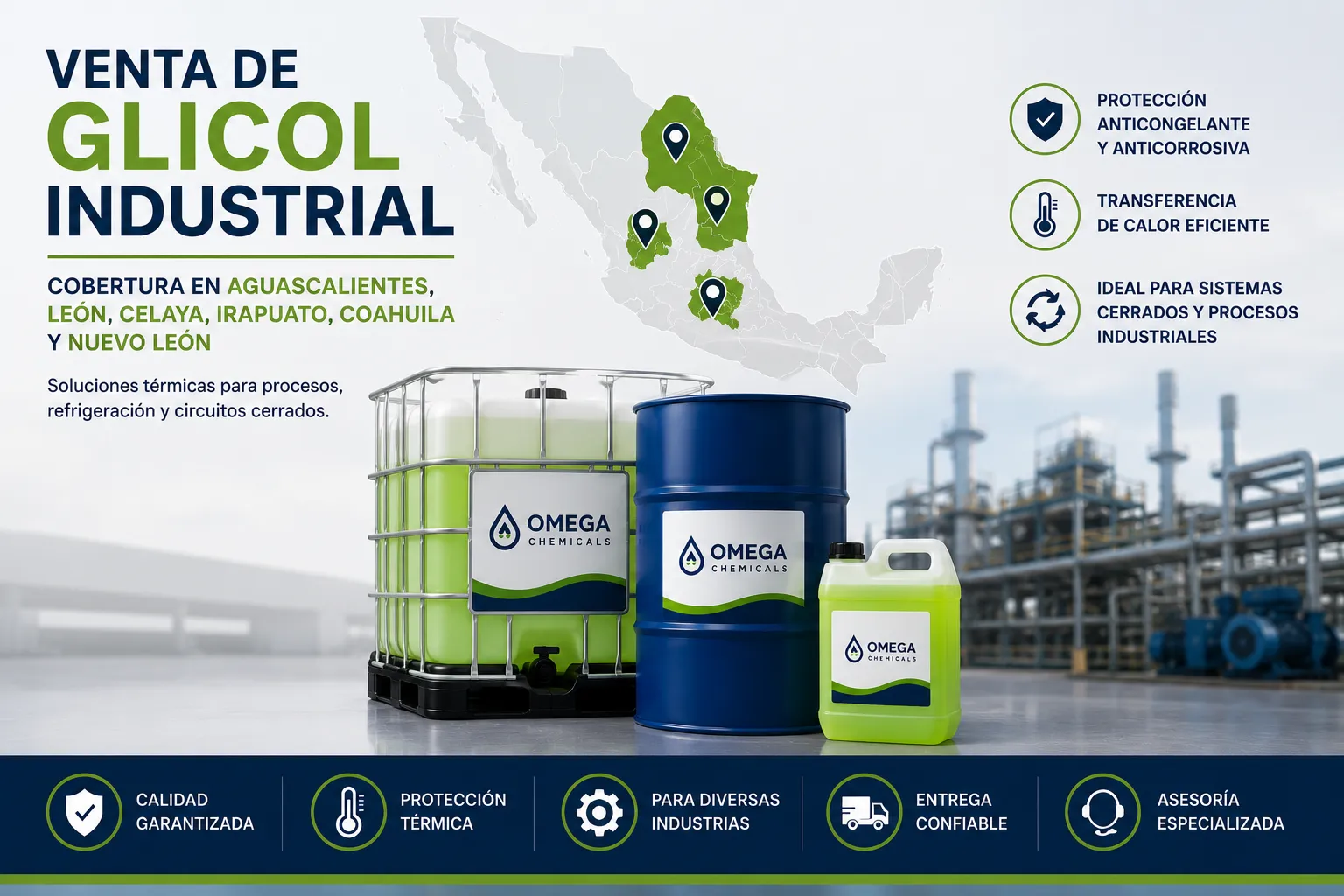 Venta de glicol industrial en León para refrigeración y sistemas de transferencia de calor.