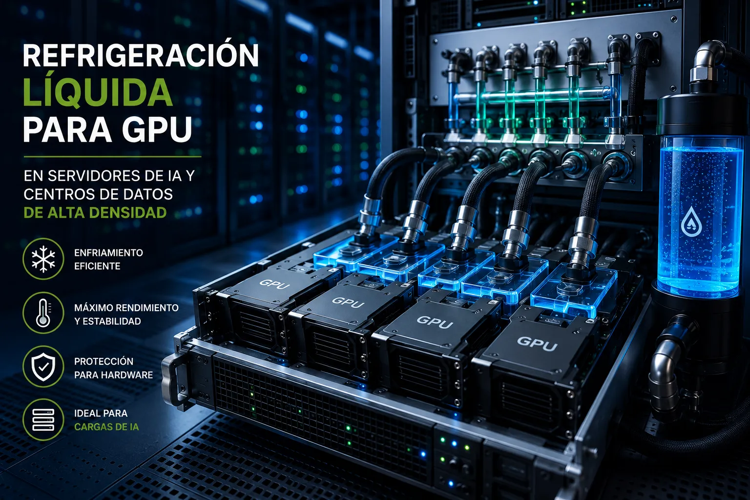 Liquid cooling para GPU de alta densidad con control térmico eficiente en infraestructura de IA.