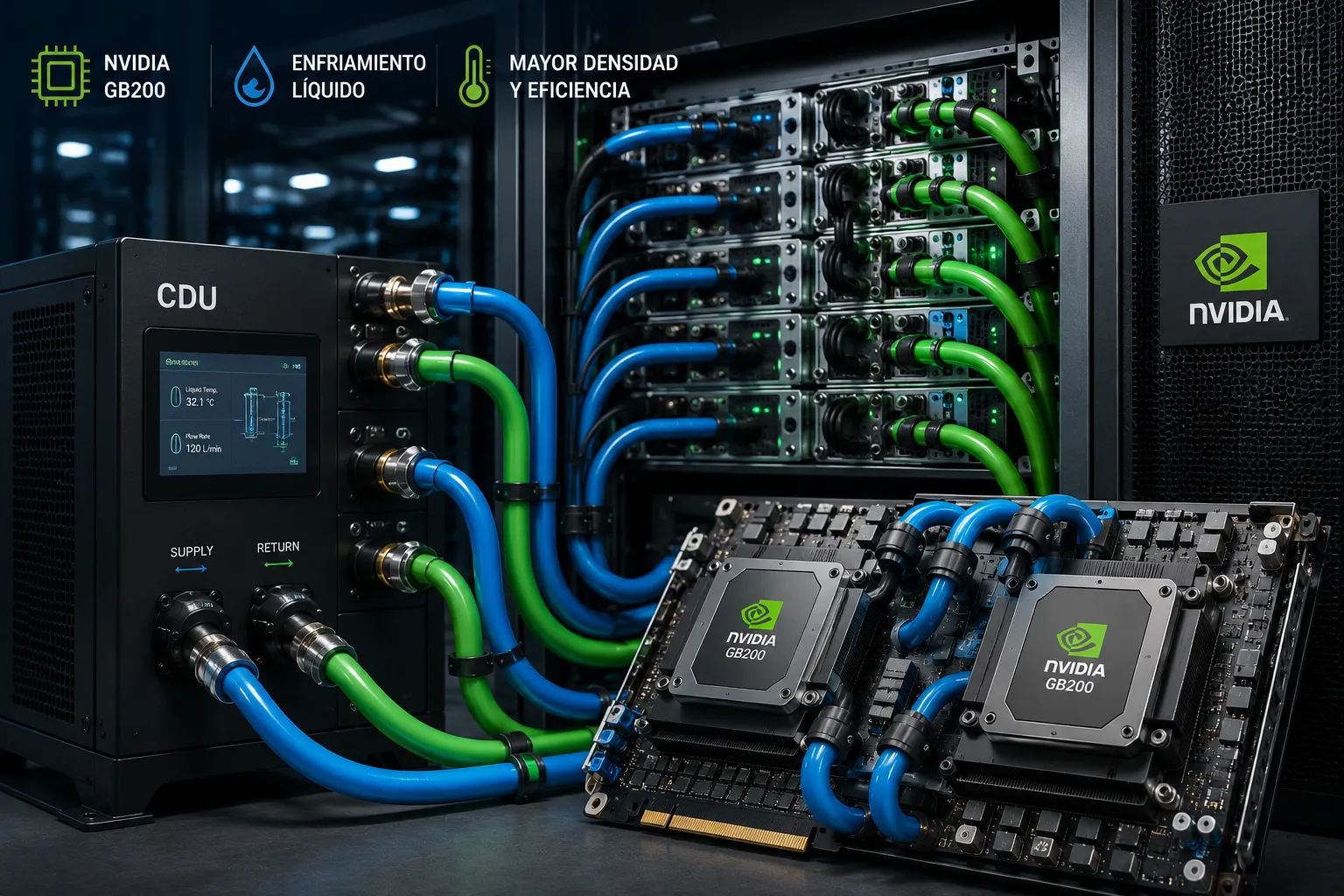 Enfriamiento líquido para NVIDIA GB200 en infraestructura de IA y centros de datos de alta densidad.