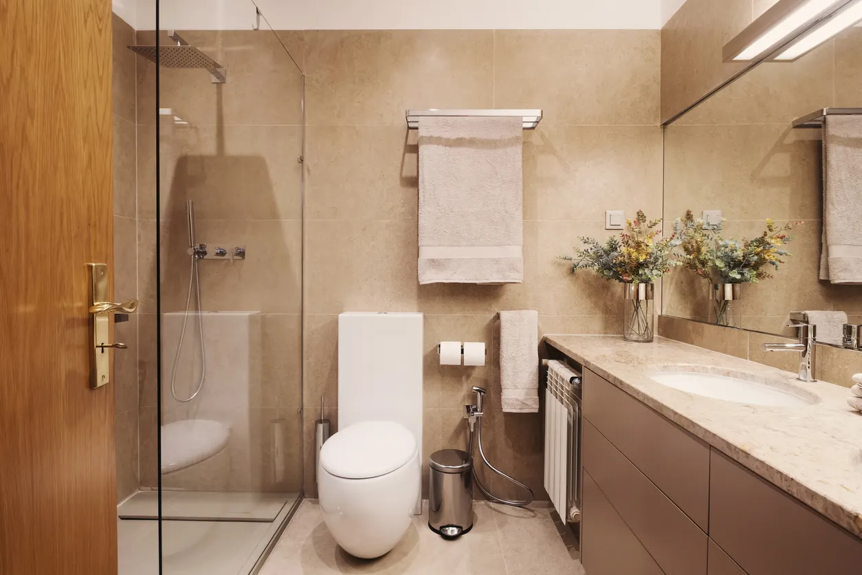 Diseño interior sencillo de baño y aseo, colores marrones. Decoración con plantas y multiples accesorios