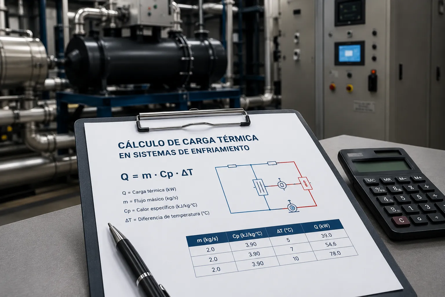 Cálculo de carga térmica en sistemas de enfriamiento industrial para dimensionar equipos y circuitos térmicos.