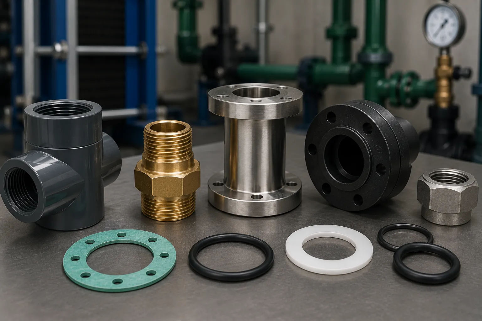 Materiales compatibles con propilenglicol para tuberías, conexiones y sellos en sistemas de enfriamiento industrial.