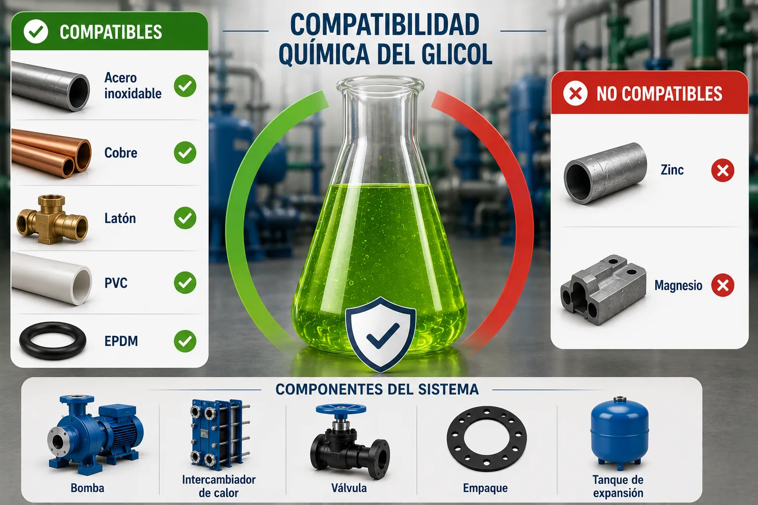 Compatibilidad química del glicol con materiales, sellos y componentes utilizados en sistemas de enfriamiento industrial.