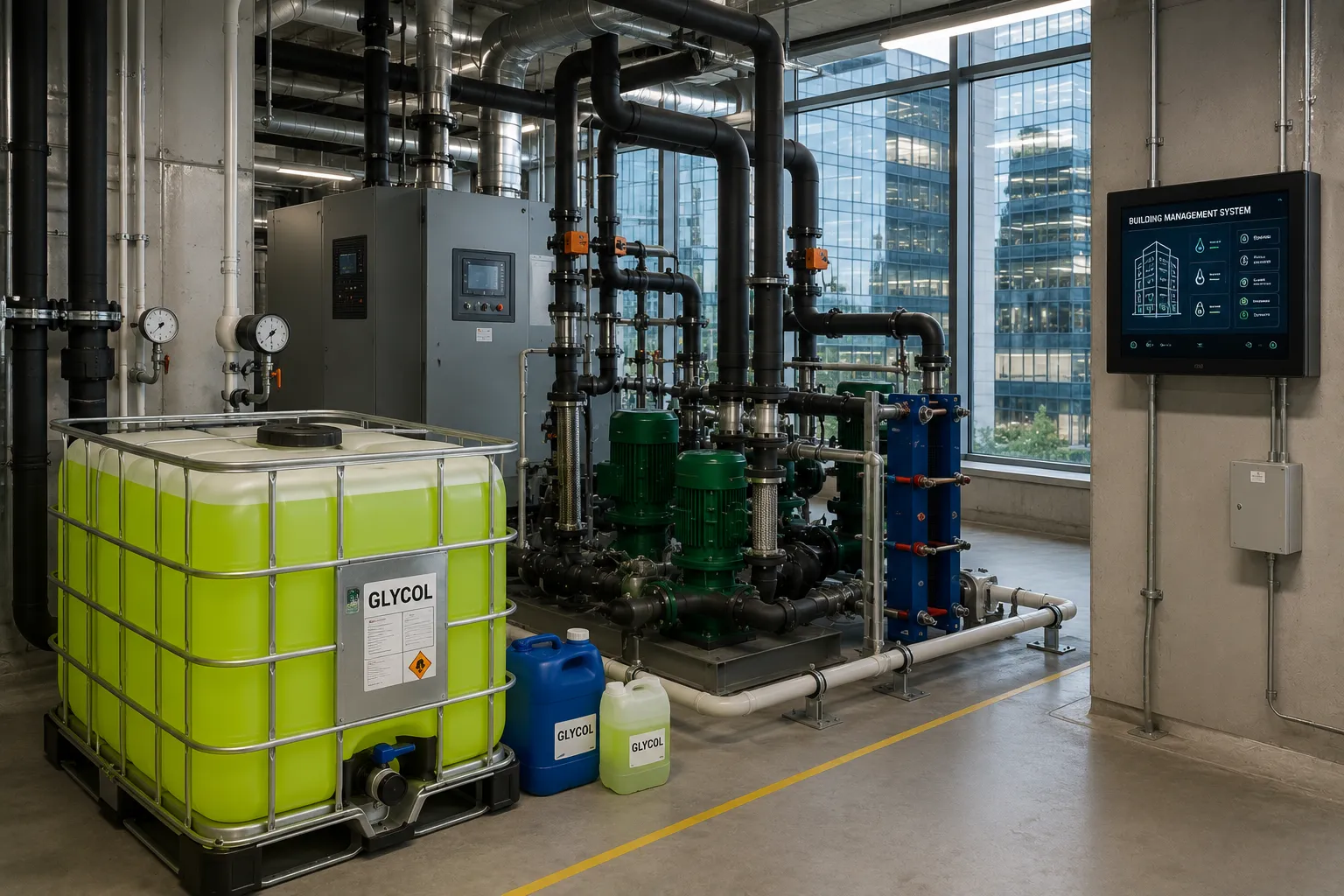 Glicol para edificios inteligentes y sistemas HVAC con control térmico eficiente y automatizado.