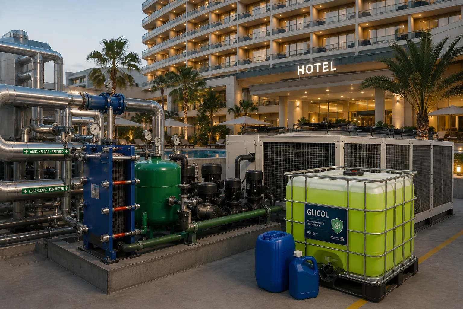 Glicol para sistemas de hoteles y circuitos HVAC de climatización, agua helada y transferencia térmica.