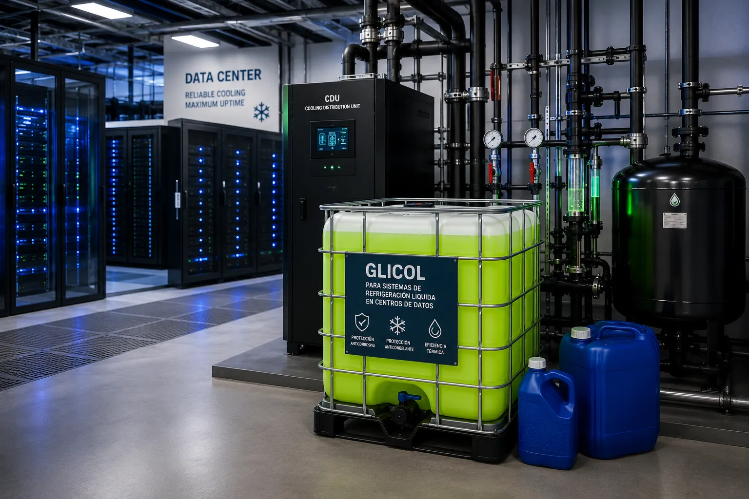 Glicol para centros de datos y sistemas de refrigeración líquida de alta eficiencia para servidores, racks y CDU.
