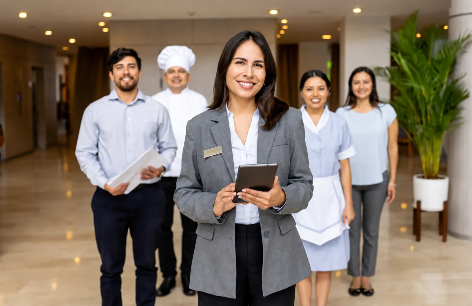Gerente del hotel liderando a un grupo de empleados en el vestíbulo