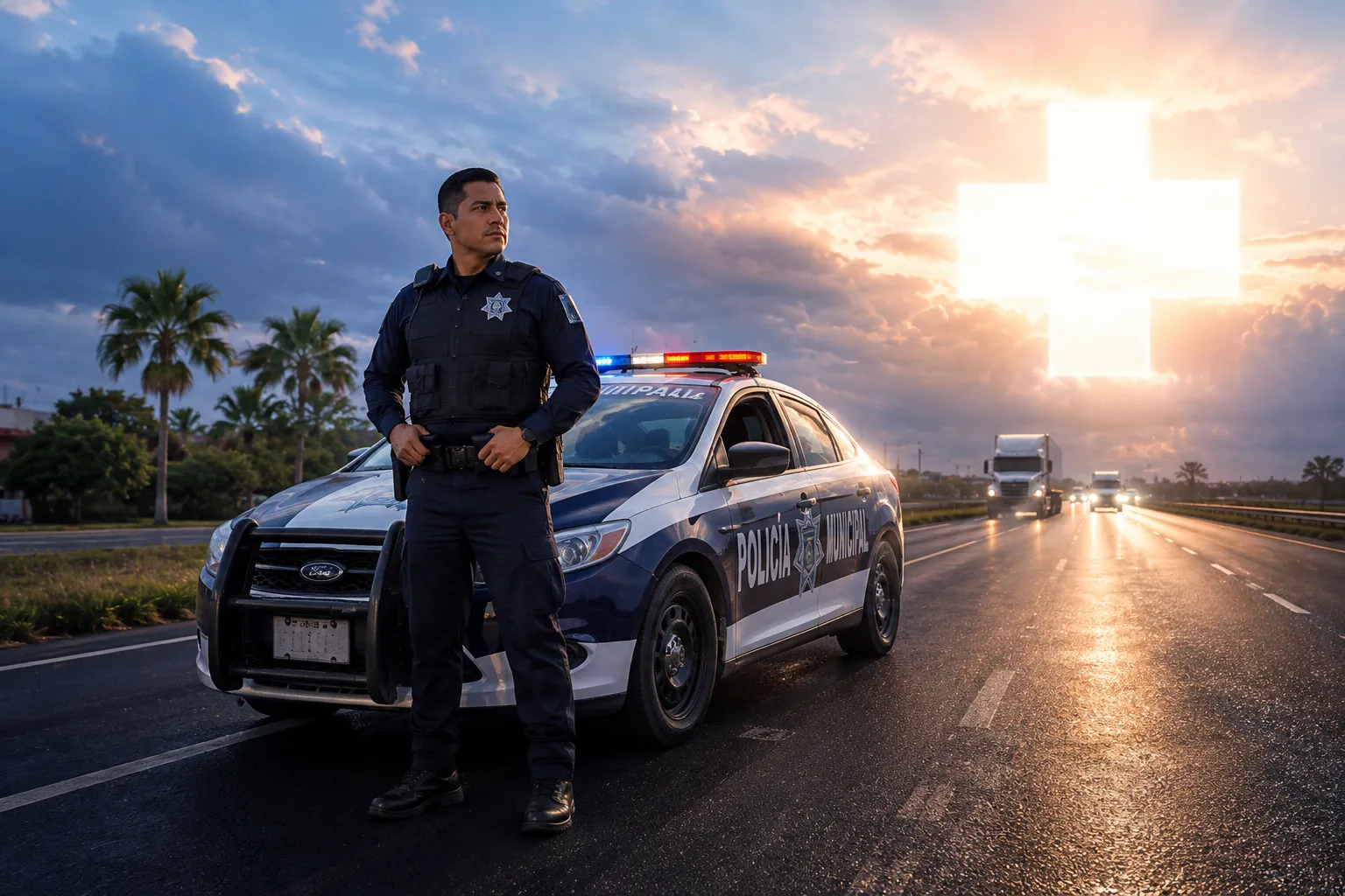 policía con una cruz de fondo en atardecer