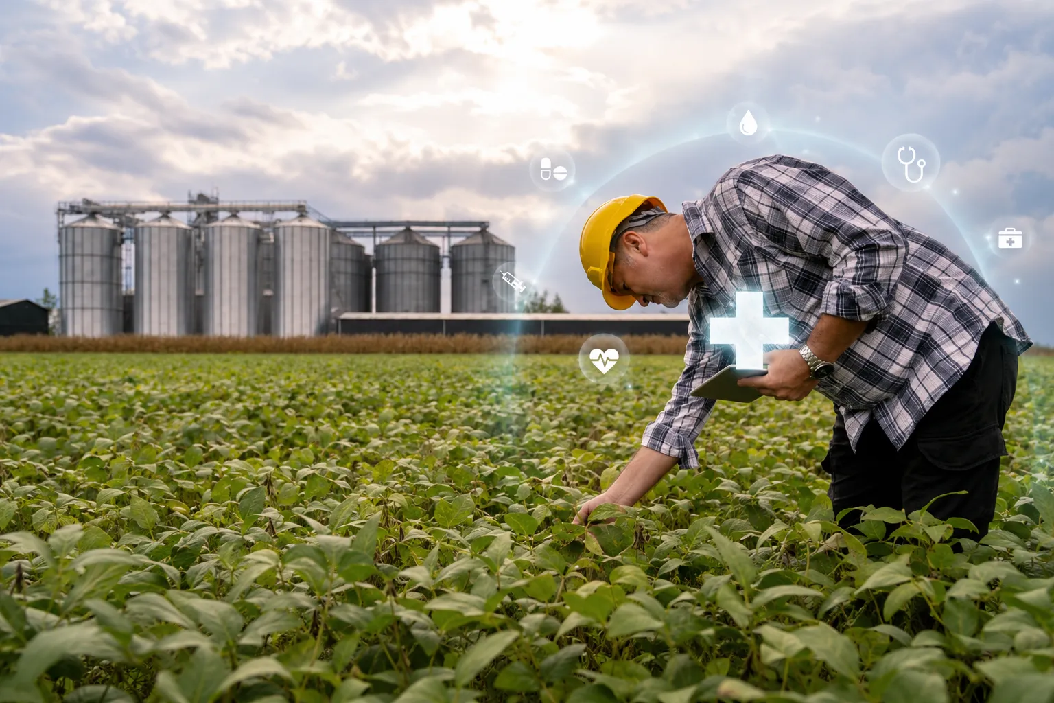 Campo agrícola con tecnología de salud