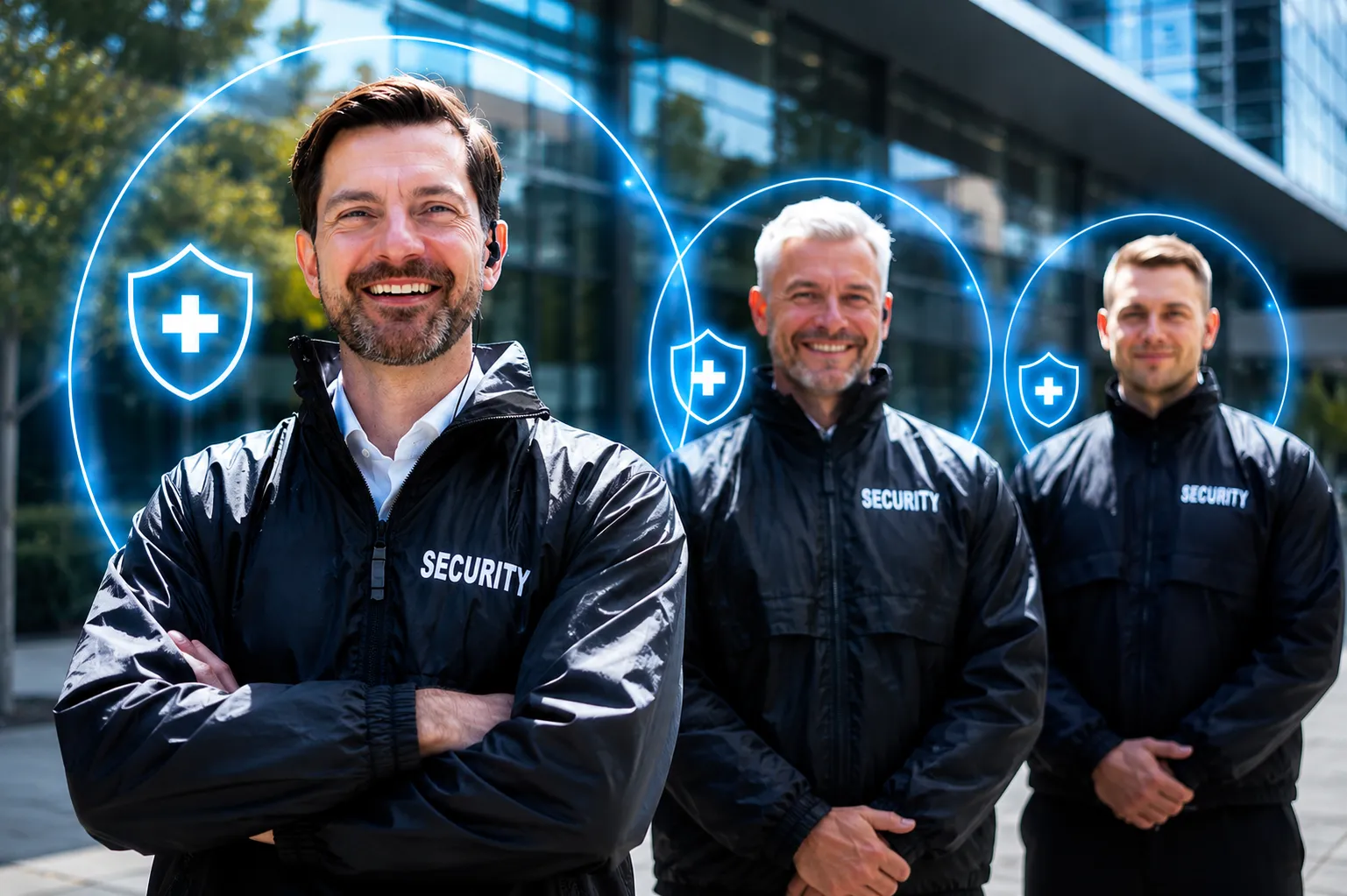 personal de seguridad con cruz digital indicando que están asegurados 