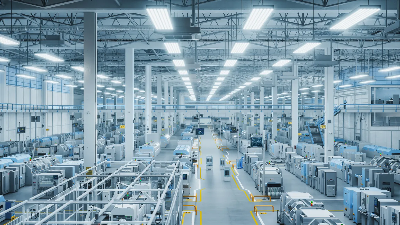 Render 3D: Moderna planta de fabricación con brazos robóticos avanzados que operan en una línea de ensamblaje 