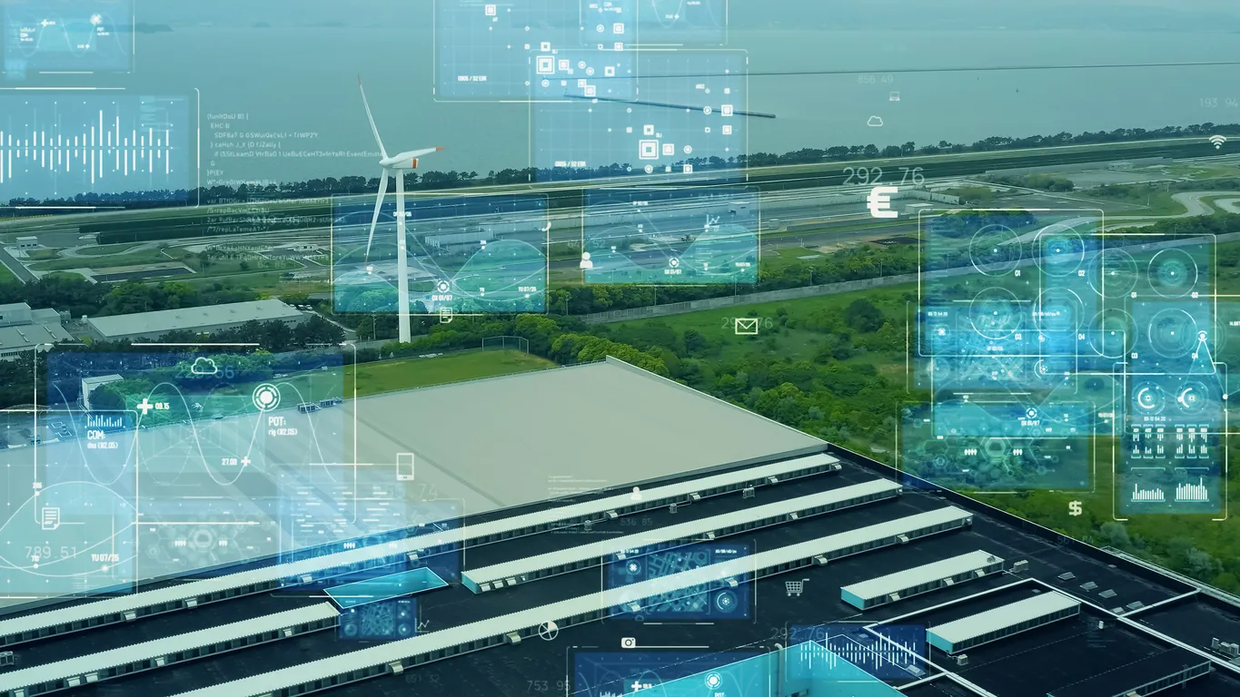 Concepto de planta de energía eólica y tecnología ambiental. 