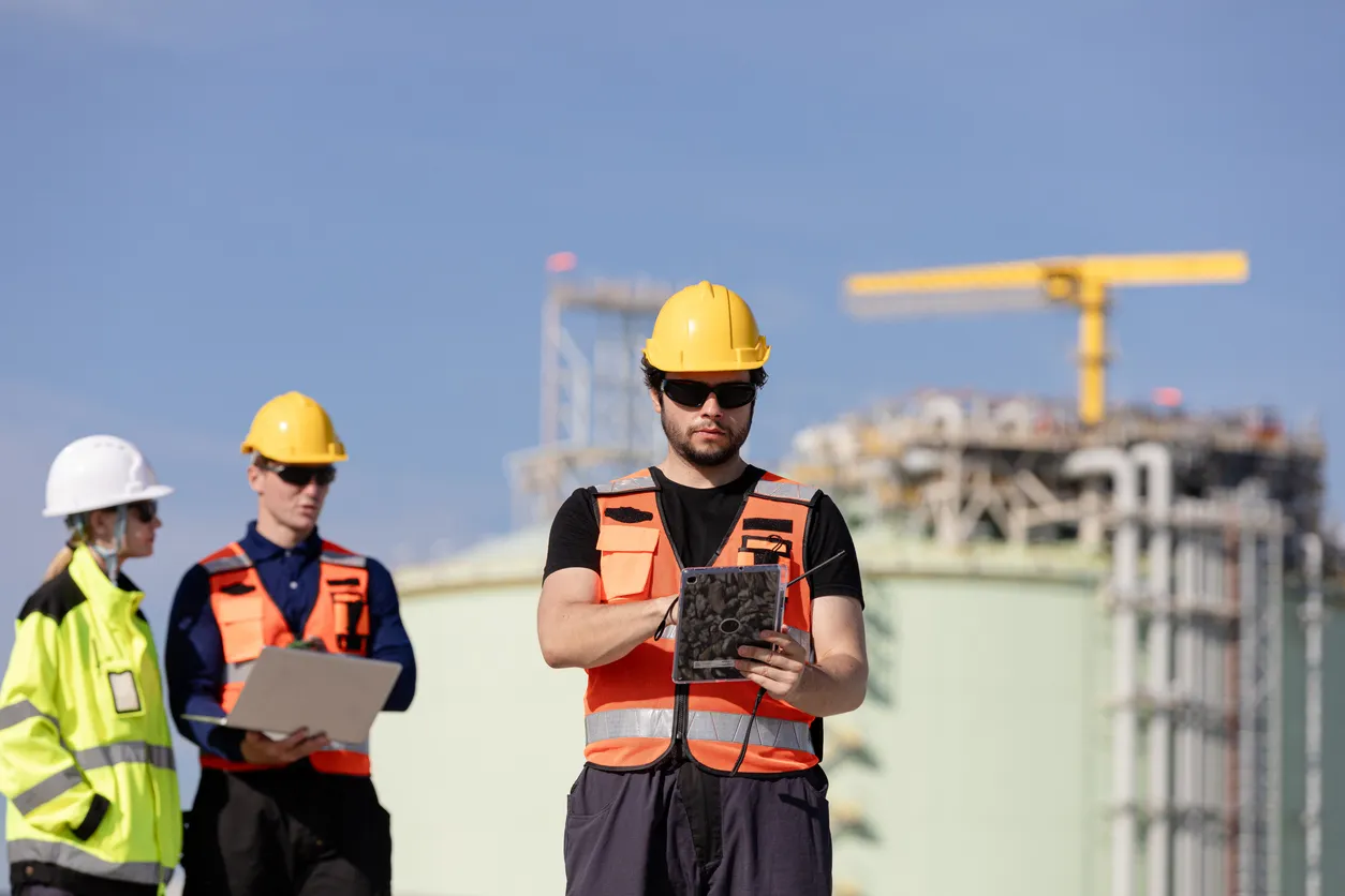 Ingenieros colaborando en una refinería de petróleo y gas debatiendo sobre operaciones y protocolos de seguridad en entornos 