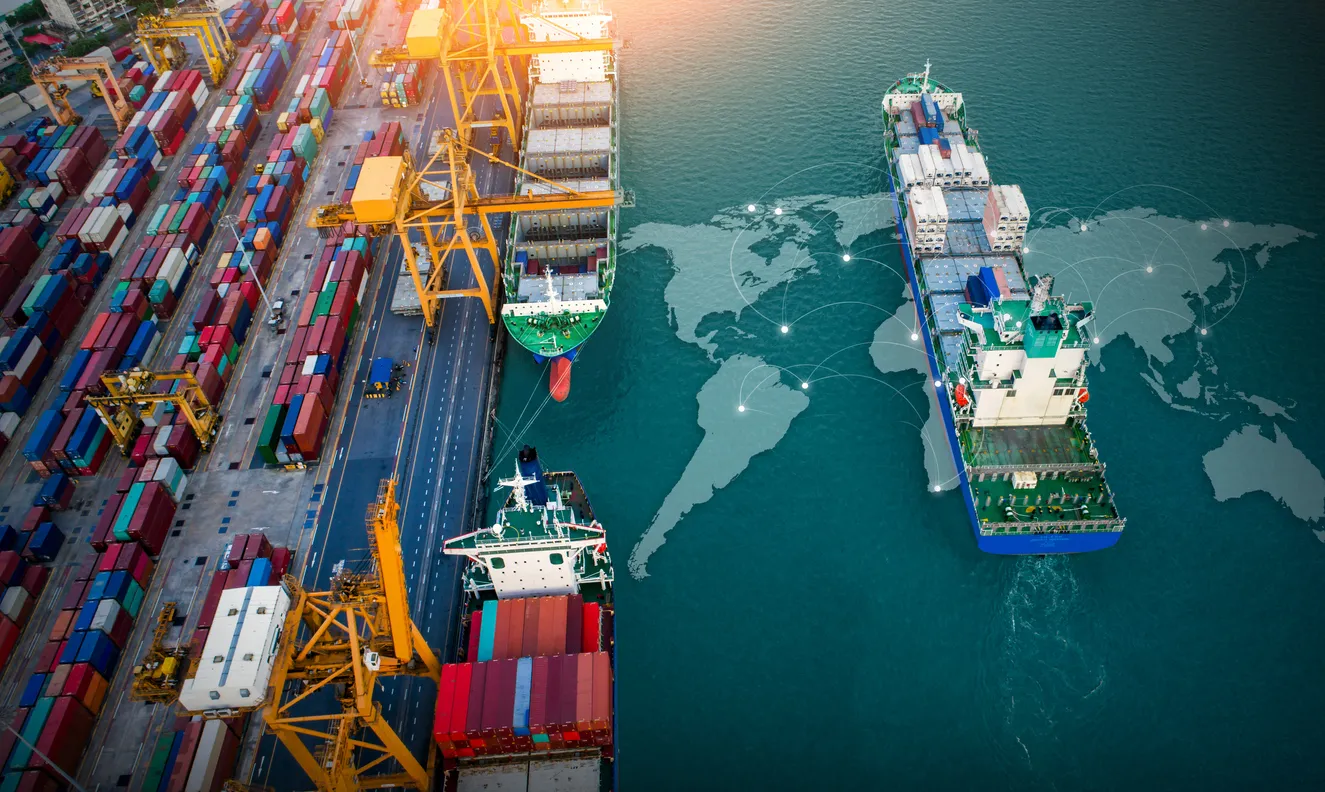 Vista aérea superior contenedores buque carga negocio comercial logística y transporte de importación internacional 