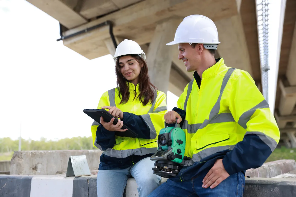 Un par de ingenieros civiles trabajan en el sitio de construcción para avanzar en el proyecto de construcción debajo 