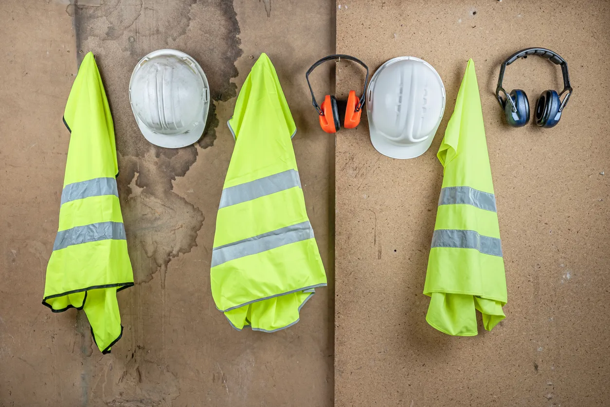 EPI de equipos de seguridad para trabajadores de la construcción colgados en la pared. 