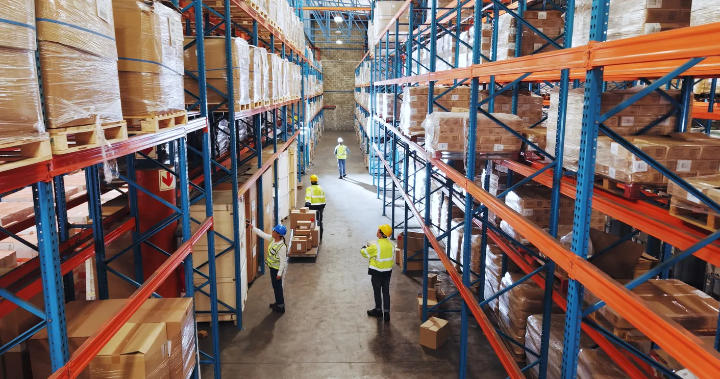 Personal, almacén y superiores para logística, cajas e inspección de embalajes, estanterías y control de seguridad. 
