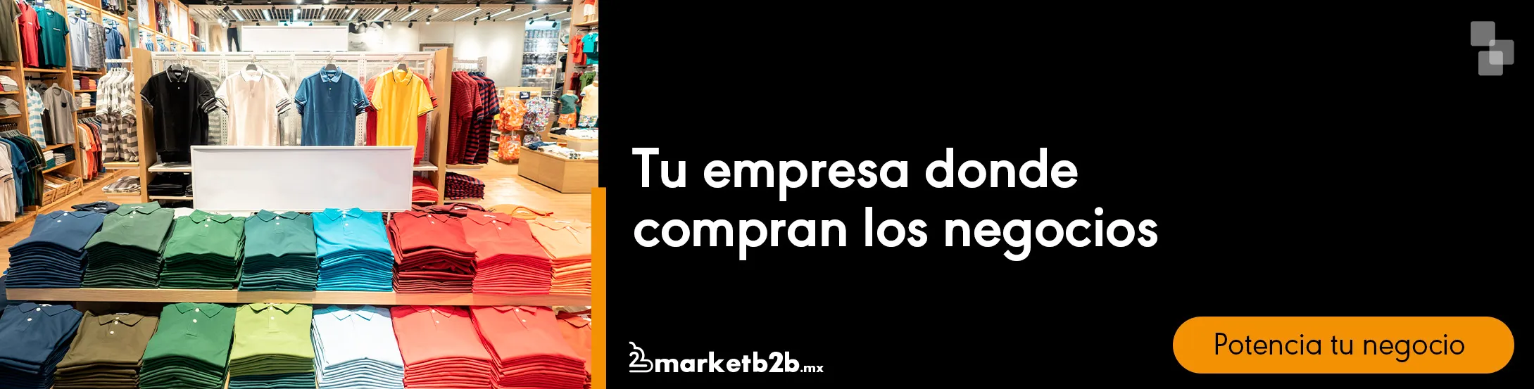Exhibidores con ropa Anuncio para promocionar los servicios de marketb2b.mx / Mano con celular y un carrito de compras