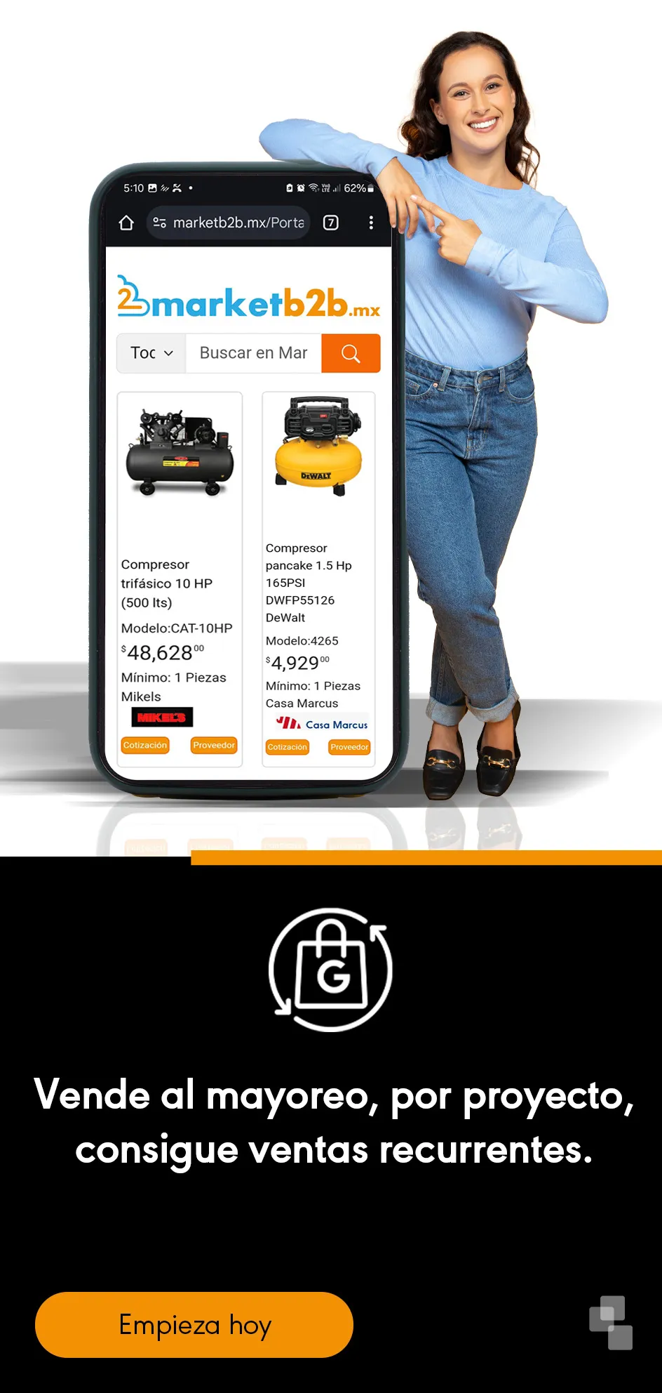 Exhibidores con ropa Anuncio para promocionar los servicios de marketb2b.mx / Mano con celular y un carrito de compras