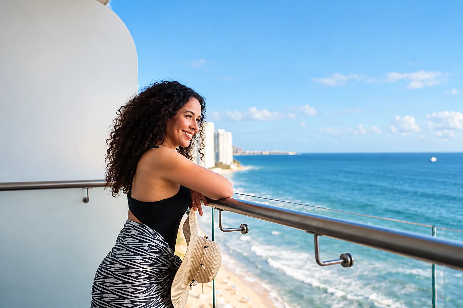 Mujer turista adulta media mirando la vista en el balcón del hotel