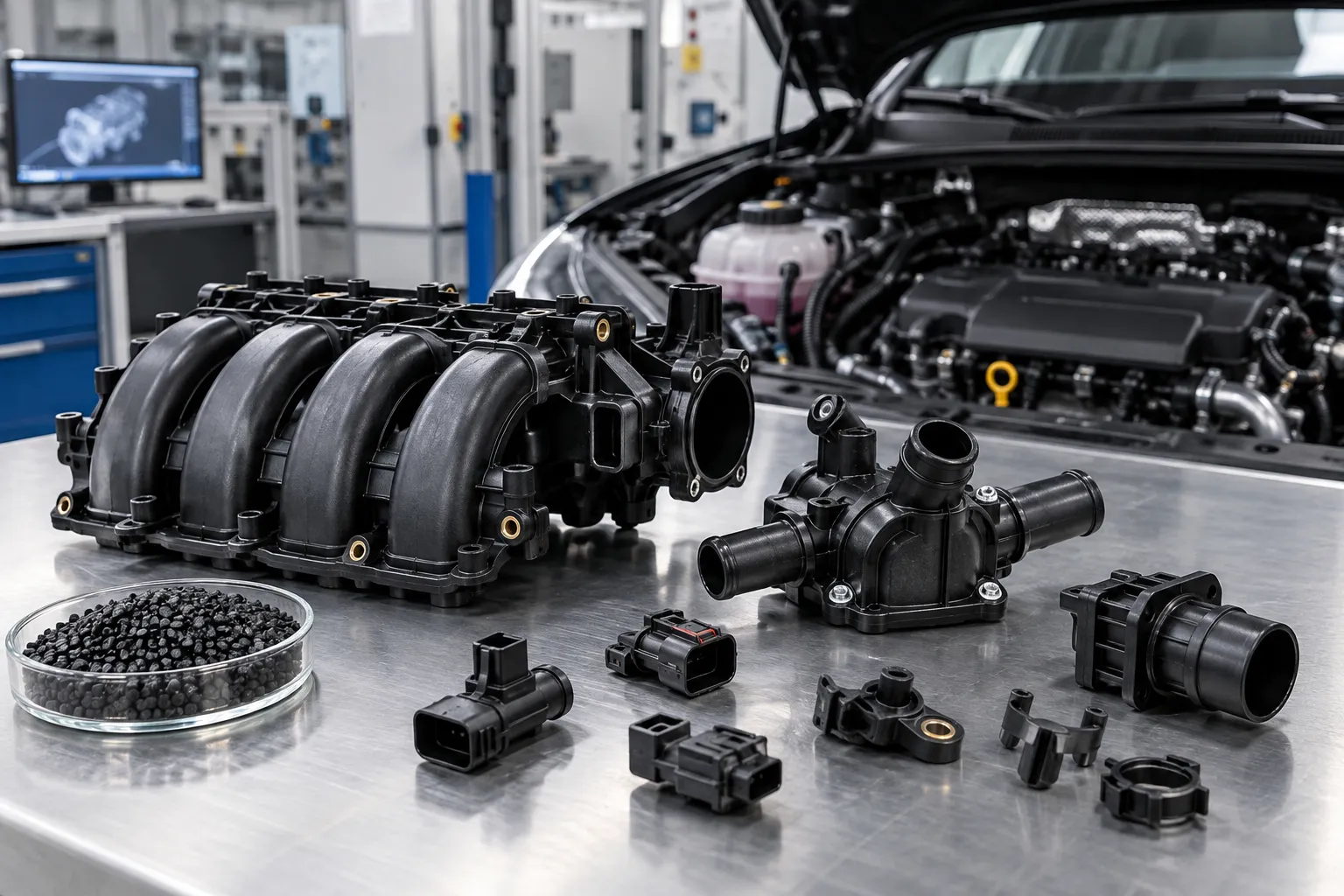Laboratorio automotriz con piezas plásticas