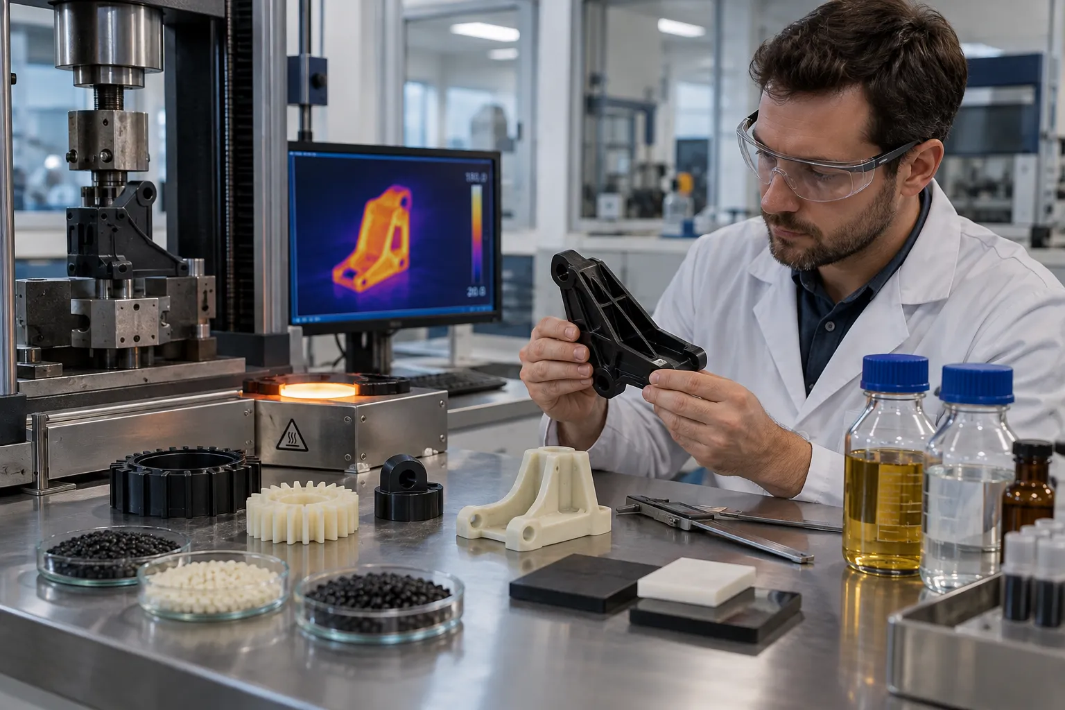 Ingeniero inspeccionando piezas plásticas en laboratorio