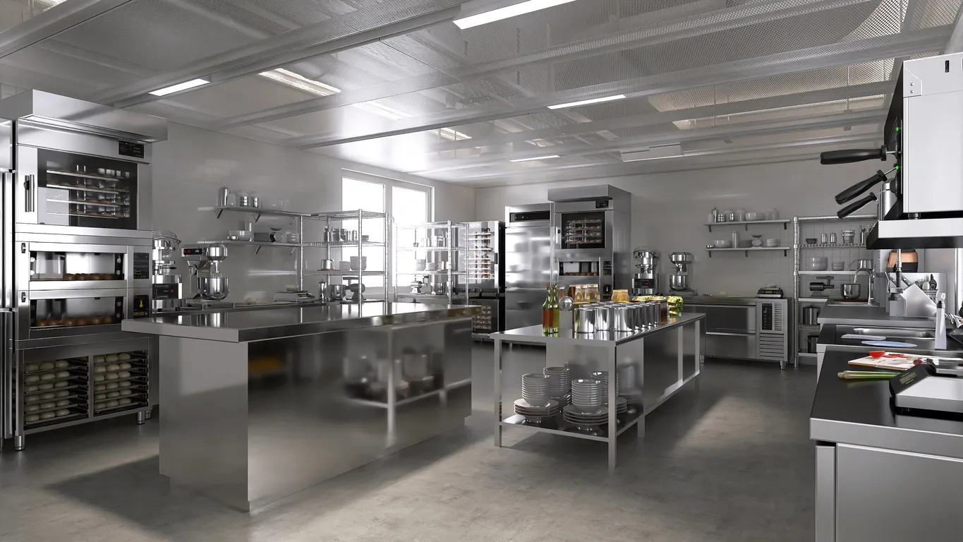 Cocina de panadería profesional y comercial con equipos de acero inoxidable, horno de convección y horno de pisos para pan