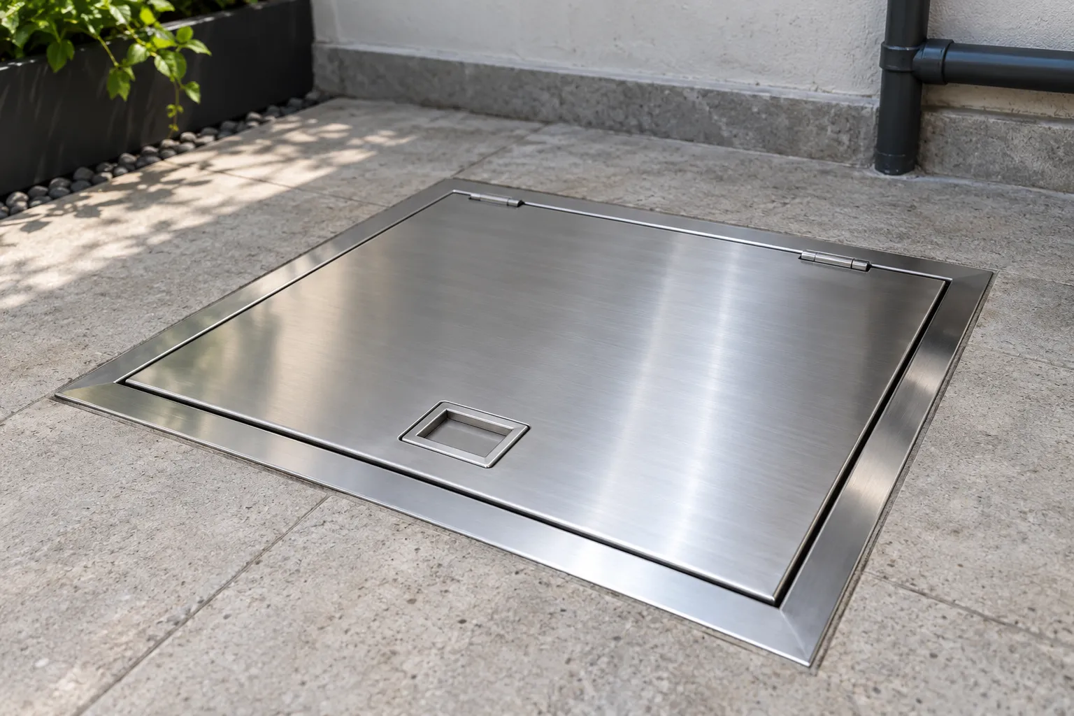 Trampilla de acero inoxidable en patio moderno