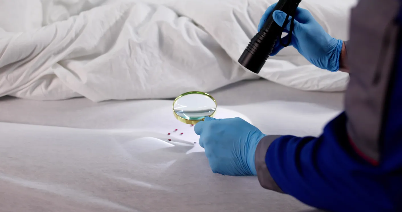 Experto revisando si hay chiches en una cama
