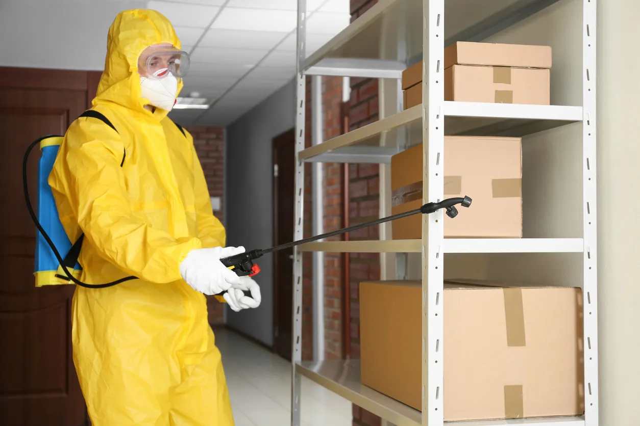 Trabajador de control de plagas rociando pesticidas en el estante interior -