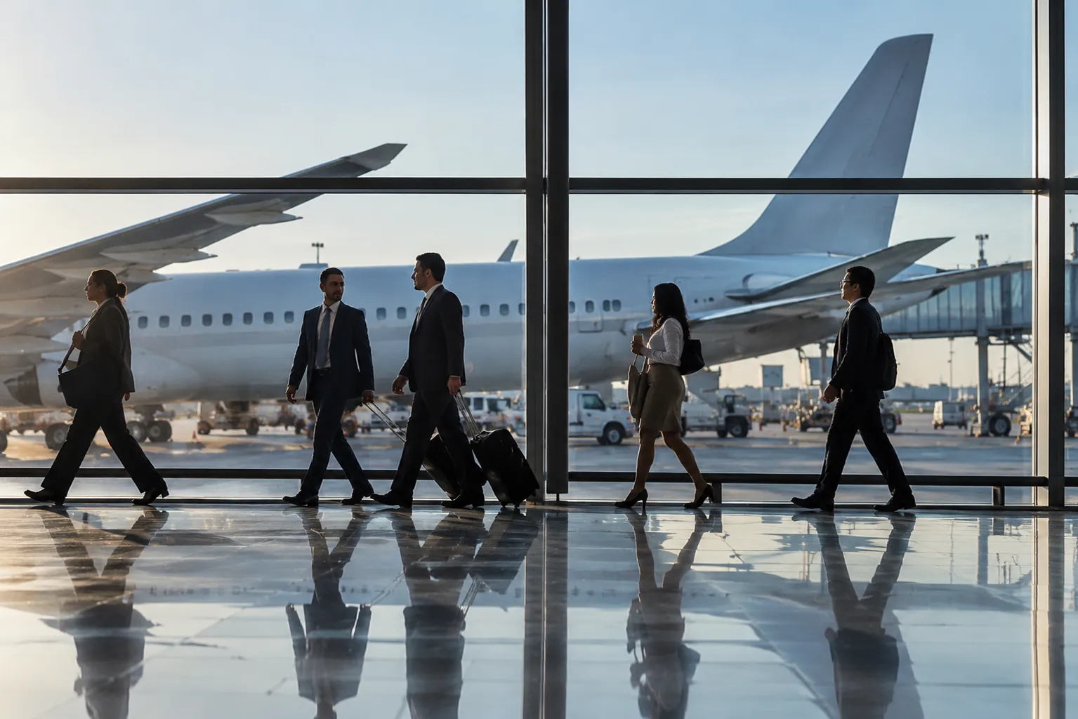 Viajeros de negocios junto al avión