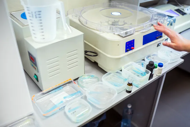 equipo de laboratorio —que incluye una centrífuga y un vaso medidor—, además de diversos insumos médicos, como tubos de ensay