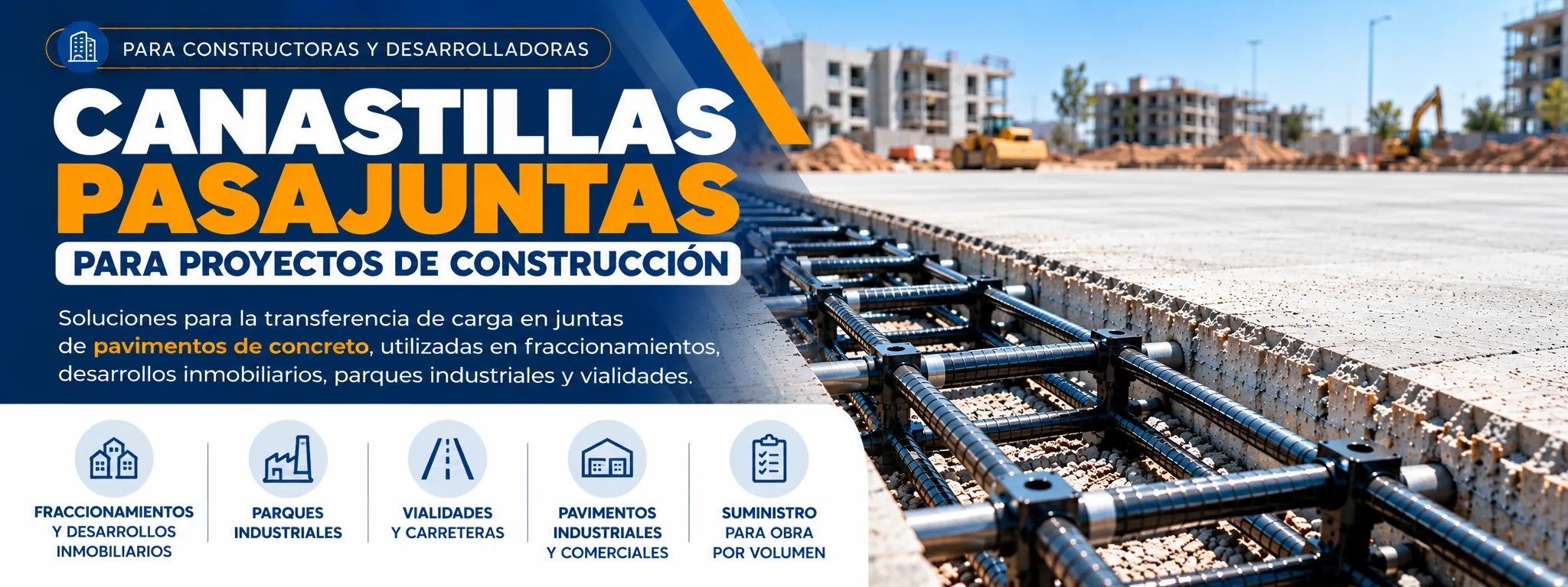canastilla pasajuntas colocada en un pavimento y al fondo un desarrollo inmobiliario de oficinas
