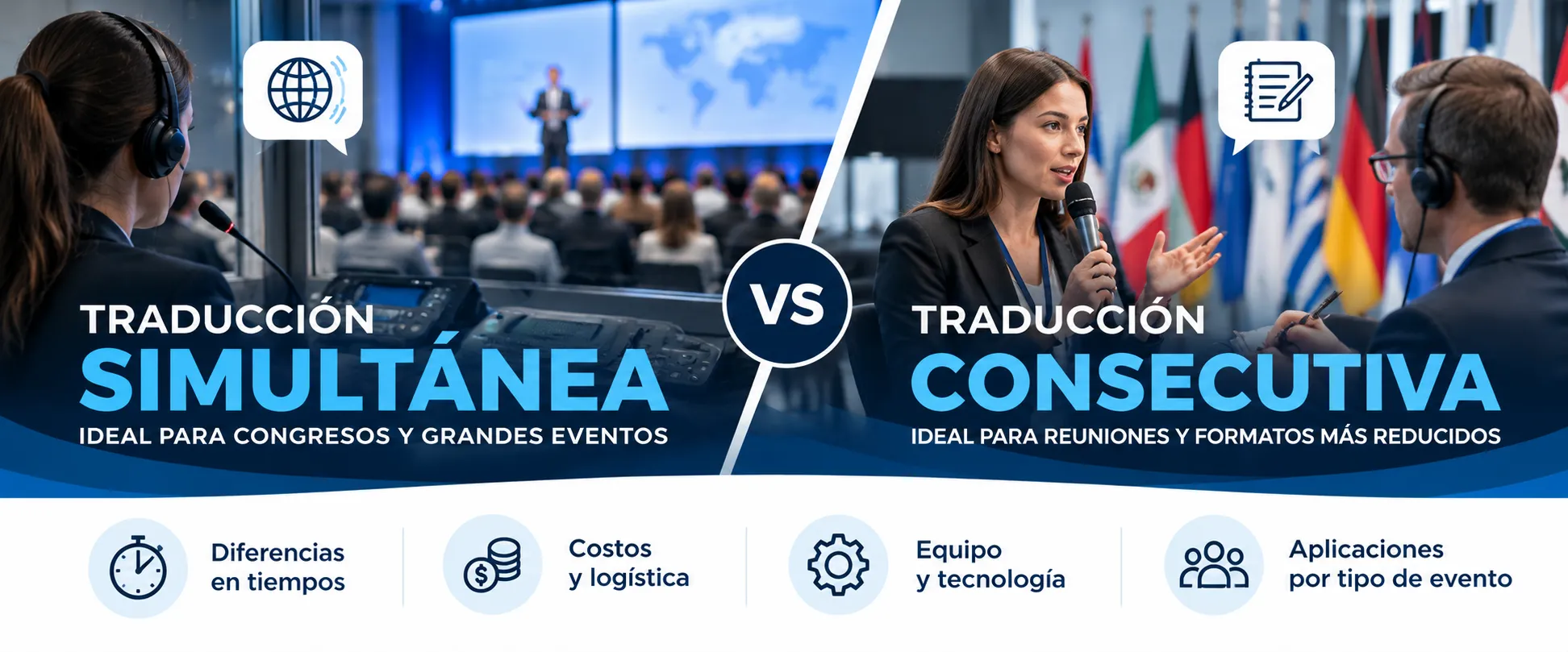 se muestra un ejemplo de traducción simultanea vs traducción consecutiva