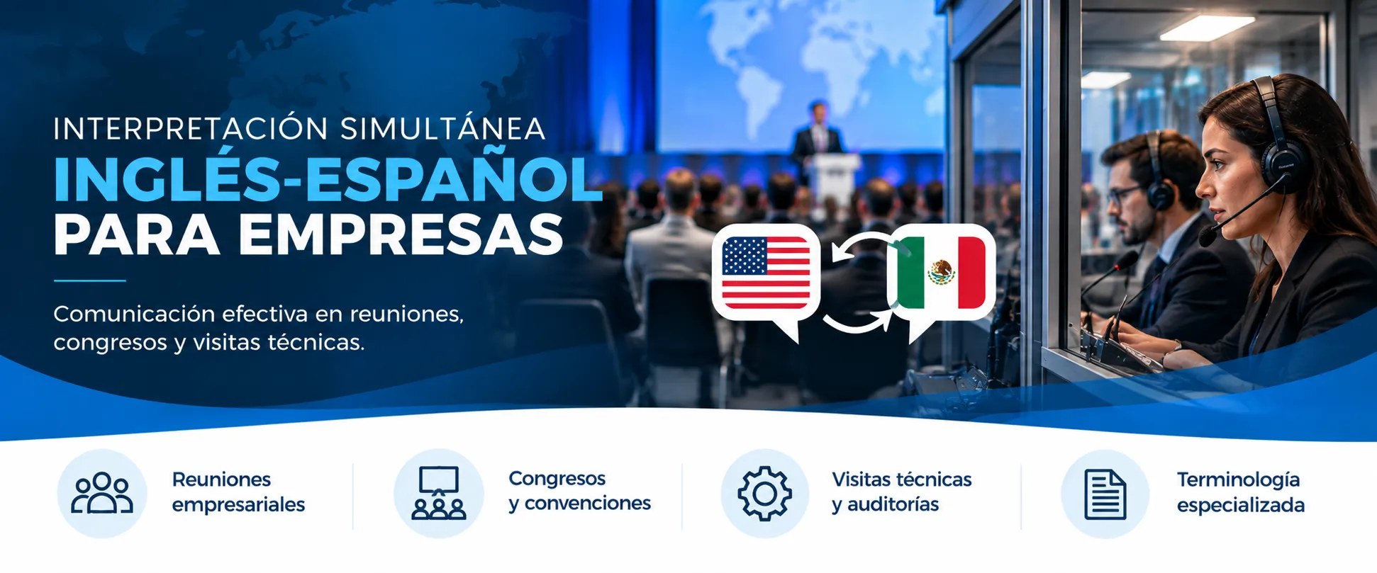 se muestra a interpretes profesionales en cabina en evento