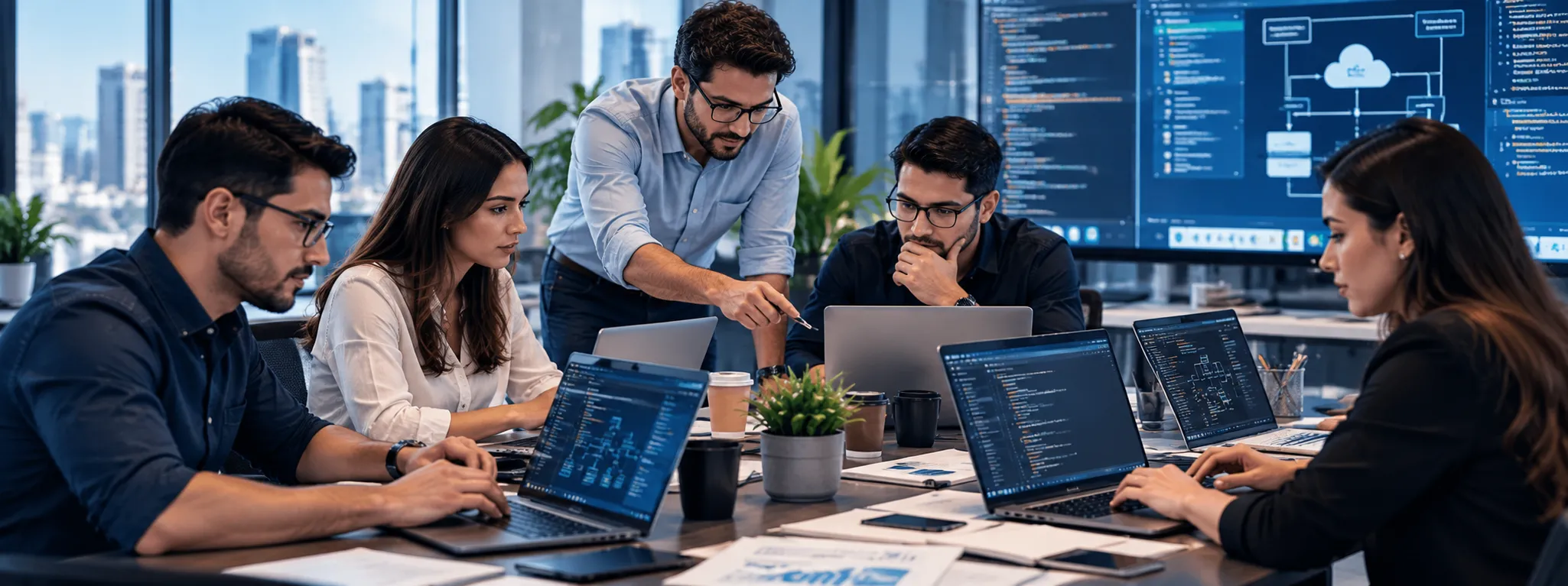 Grupo de ingenieros con su laptop trabajando en un proyecto
