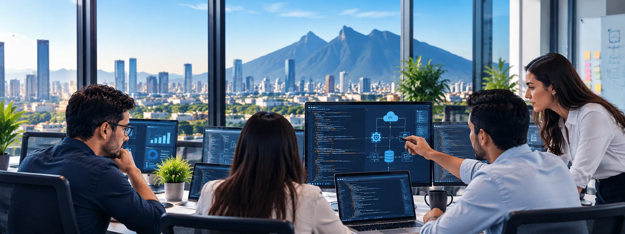 Grupo de ingenieros revisando el desarrollo de un software en un empresa en Monterrey