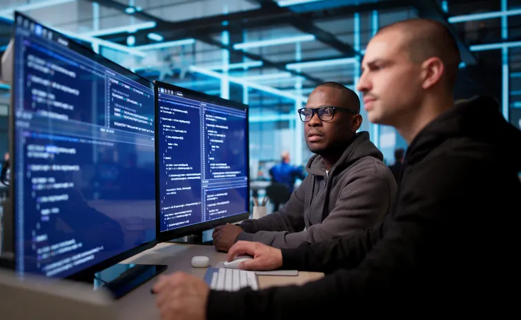 Dos ingenieros trabajando frente a su monitores, revisando su codigo