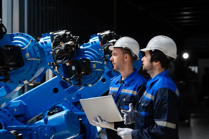 ingenieros colaborando en tecnología de automatización, inspeccionando y programando brazo robótico azul con computadora