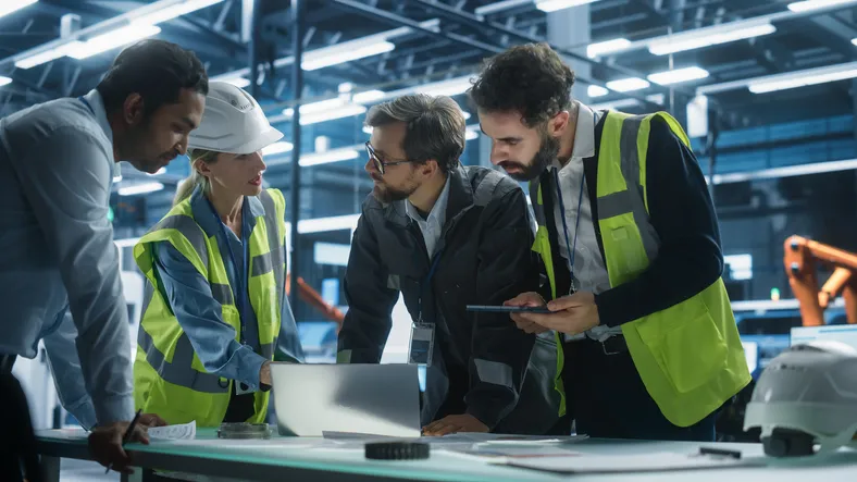 Ingenieros eroespaciales de diversos perfiles utilizan un portátil y una tableta con planos para un nuevo motor