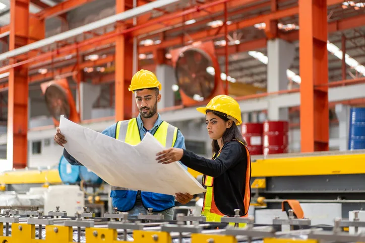 ingenieros revisando los planos de un proyecto en una fábrica