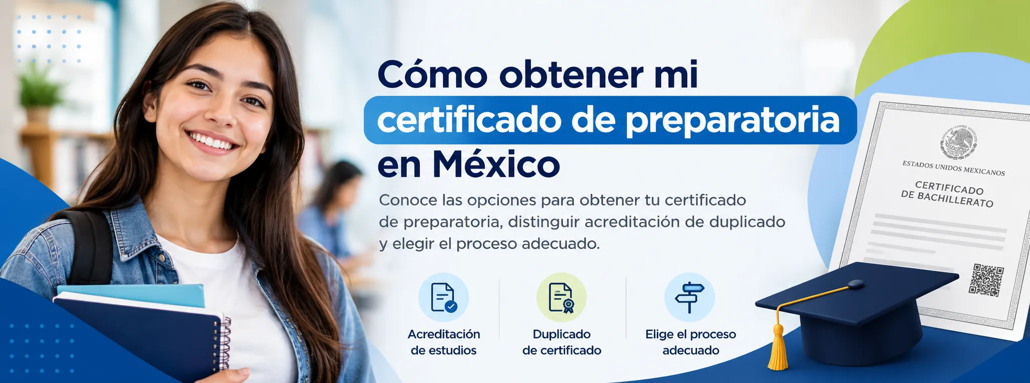 mujer joven con cuadernos en sus manos y un documento de un certificado 