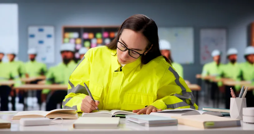 Mujeres y hombres con uniformes de trabajo estudiando en sala de capacitación