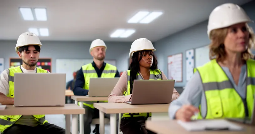 grupo de trabajadores con chaleco y cascos de seguridad estudiando en sala de capacitación