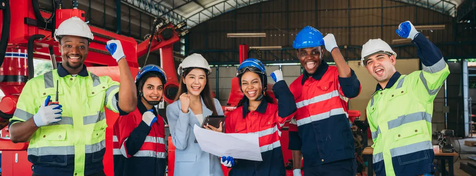 varios trabajadores jovenes con sus uniformes de trabajo y seguridad sonrientes